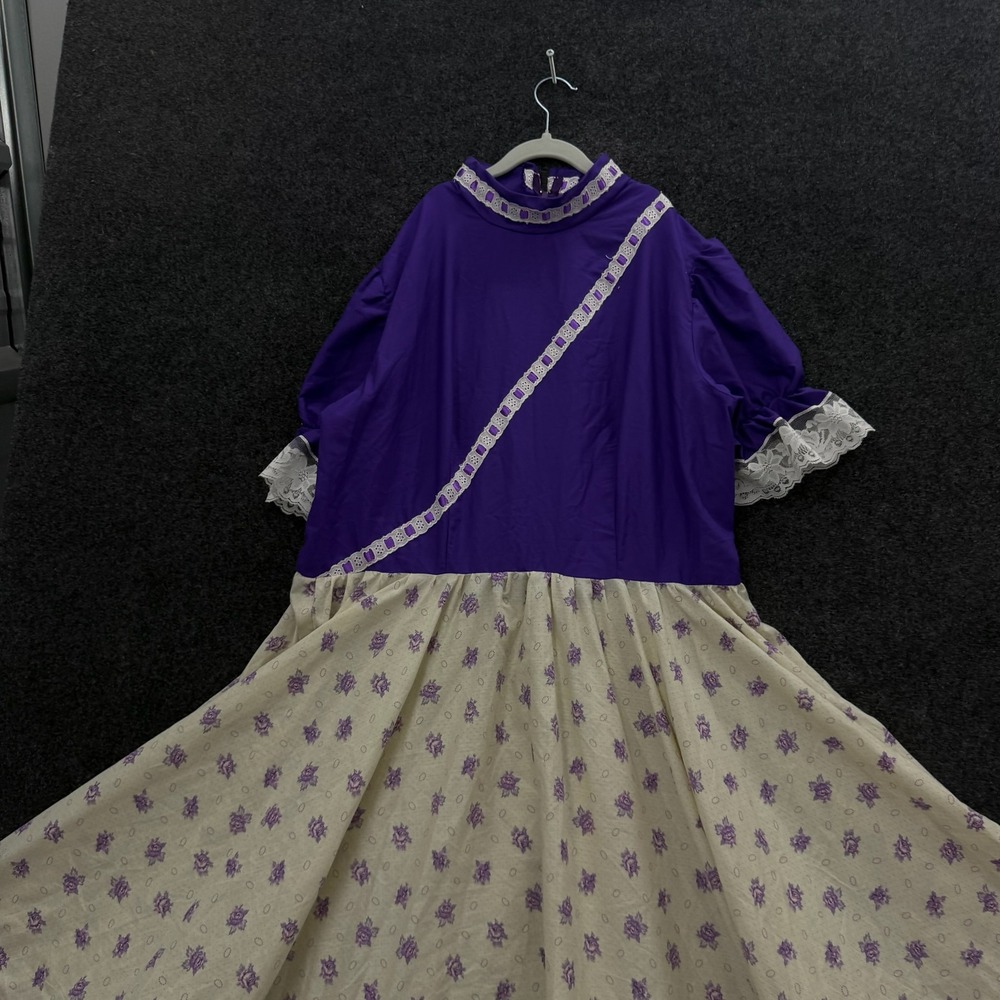 Vintage Purple Prairie Maxi Dress Floral Lace Trim Square Dance Cottagecore
